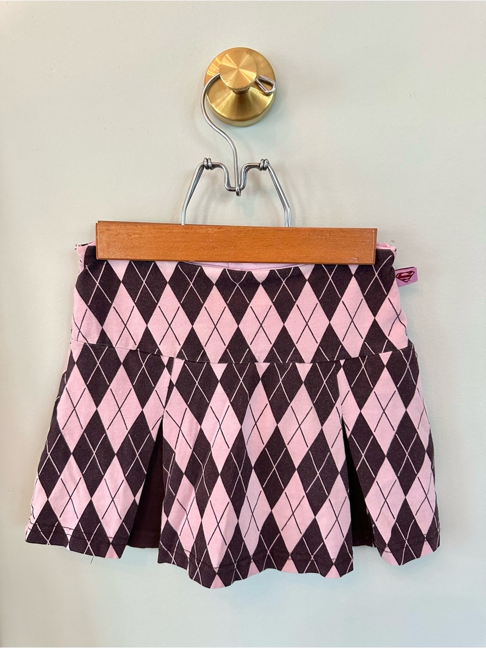 Supergirl Pink & Brown Argyle Pleated Skort Girls Size 6/6X Y2K